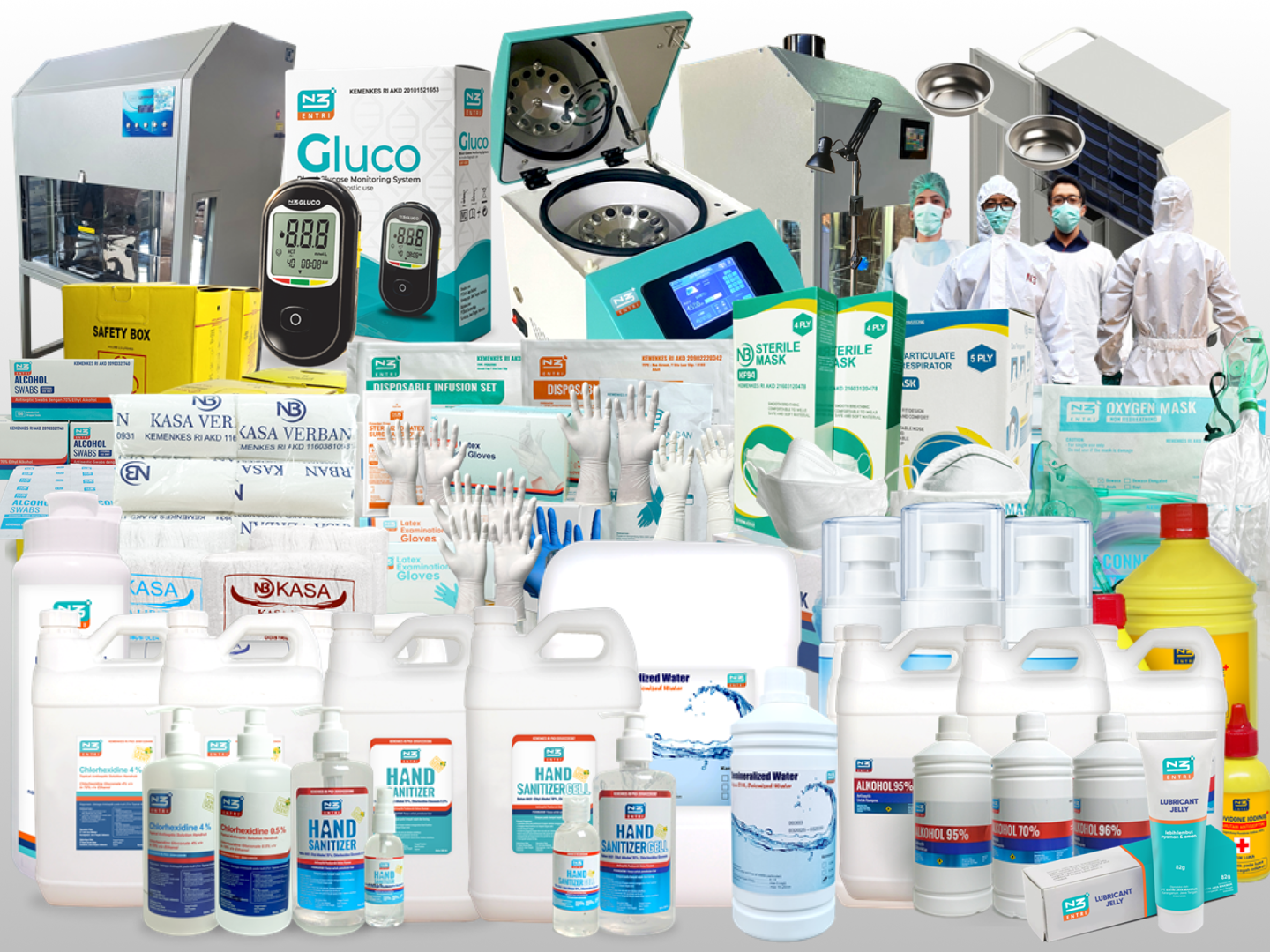 Produk laboratorium dan alat kesehatan PT Bumi Sarana Maju: masker, sarung tangan, cairan antiseptik, hand sanitizer, sentrifuge, dan glukometer